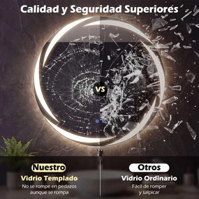 Espelho LED redondo de 70 cm para casa de banho, com luzes em 3 cores, antiembaciamento e luz traseira regulável, prateado