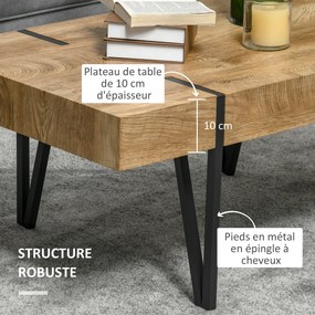 Mesa de centro retangular de estilo industrial, com pés em forma de alfinete de metal preto e tampo em madeira com aspeto envelhecido