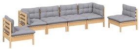 6 pcs conjunto lounge de jardim + almofadões cinza pinho maciço