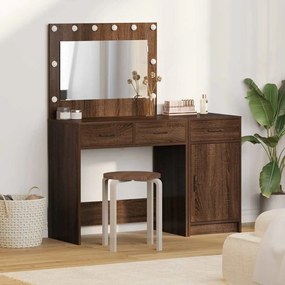Conjunto de Mesa de Maquiagem de 2 Peças com LED em Madeira de Carvalho Preto