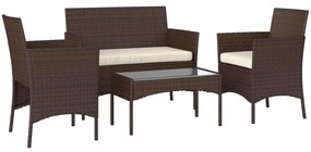 Outsunny Conjunto de Jardim em Vime com Almofadas Móveis de Exterior com 2 Poltronas Sofá de 2 Lugares Mesa com Vidro Marrom e Bege | Aosom Portugal