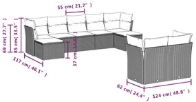 9 pcs conjunto sofás p/ jardim c/ almofadões vime PE castanho