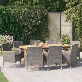 vidaXL 9 pcs conjunto de jantar para jardim com almofadões cinzento