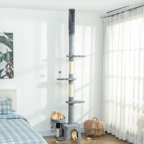 Arranhador para gatos do chão ao teto, torre para gatos com altura ajustável entre 225 e 255 cm e vários níveis, revestimento em pelúcia, cinzenta