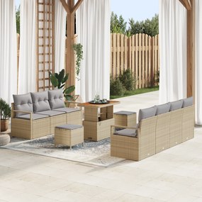 Conjunto de Sofás de Jardim de 10 Peças com Almofadas Bege Rattan Poli
