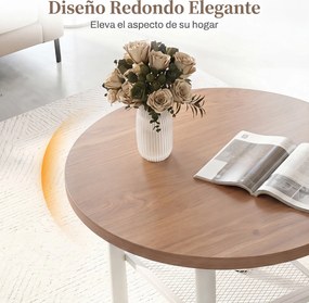 Mesa de Centro Redonda, 60 x 60 x 42 cm, 2 Níveis de Arrumação, Natural+Branco