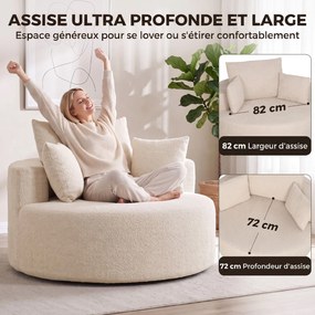 Pufe-poltrona 130 x 130 x 82 cm redondo em chenille, assento amplo, 2 almofadas, 1 encosto, 1 almofada cilíndrica, capacidade de carga de 250 kg, crem