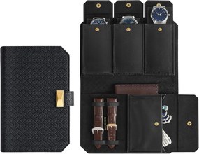 Coleção ONGMICS HOME RONNE - Bolsa para 3 relógios, estojo de viagem para relógios, couro sintético com relevo, organizador portátil para armazenamento de relógios, 22 x 14,5 x 4,5 cm, ideia para presente, tinta preta JWB018B01