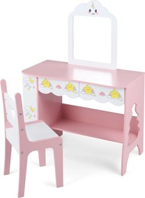 Conjunto de Toucador Infantil com Banco, 80 x 40 x 110 cm, Design 2 em 1, Cor-de-rosa