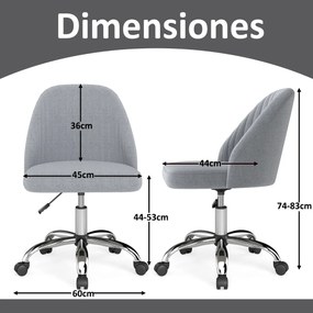 Cadeira de escritório moderna sem braços giratória, com encosto curvo e assento estofado com altura ajustável, cinza