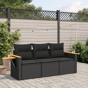 3 pcs conjunto sofás de jardim com almofadões vime PE preto