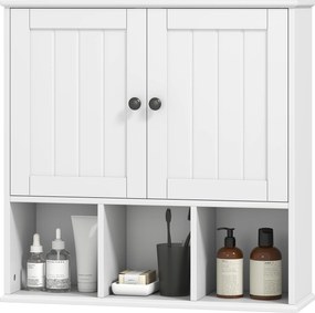 Armário de parede para casa de banho, móvel de arrumação com 2 portas, prateleira ajustável e compartimentos abertos, branco