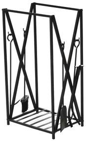 HOMCOM Suporte para Lenhas 46x30x76cm com 4 Ferramentas Incluídas Estrutura de Aço Carga Máxima 100kg para Exterior e Interior Preto