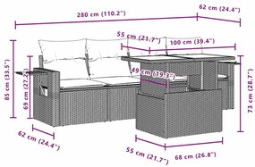 5 pcs conjunto sofás de jardim com almofadões vime PE preto