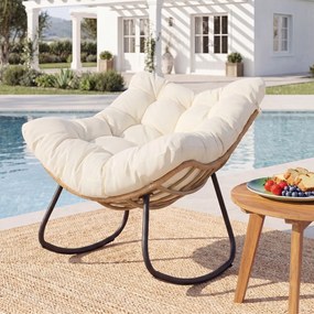 Cadeira de baloiço em forma de ovo para exterior, em rattan PE com almofada removível, estrutura metálica, oscilação de 25°, travões anti-capotamento,