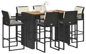 7 pcs conjunto de bar jardim c/ almofadões vime PE/acácia preto
