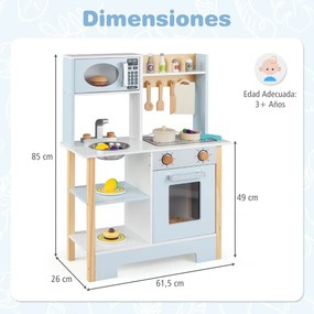 Cozinha de brincar para crianças 61 x 26 x 85 cm em madeira com quadro negro Micro-ondas Fogão Escorredor Torneira e pia para maiores de 3 anos Azul