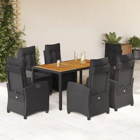 7 pcs conjunto de jantar p/ jardim c/ almofadões vime PE preto