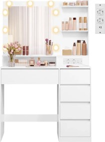 Toucador com espelho 80 x 40 x 144,3 cm, iluminação LED, tomada e 5 gavetas, branco