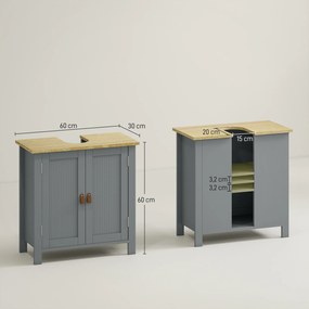 Móvel de lavatório (NÃO INCLUIDO) com 2 portas  60 x 30 x 60 cm, prateleira ajustável com 2 níveis no interior, puxadores em PU, cinzento