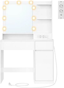 Toucador com espelho 40 x 80 x 144,3 cm, iluminação, base de carregamento e 2 gavetas, branco