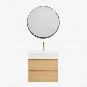 Conjunto De Móvel De Casa De Banho Em Madeira E Chapa De Freixo Com Lavatório Integrado Ona Madeira Natural & Redondo Led - Sklum