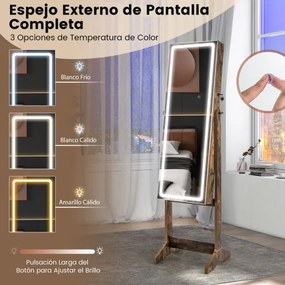 Armário para jóias com espelho de corpo inteiro iluminado com luzes LED  2 gavetas 3 ângulos ajustáveis nogueira