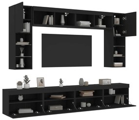 8 pcs conjunto de móveis de parede para TV com luzes LED preto