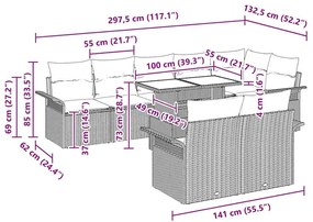 Conjunto de sofá de jardim de 9 peças com almofadas cinzas em polirata