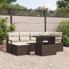 Conjunto de Sofá de Jardim de 7 Peças com Almofadas Castanho de Rattan