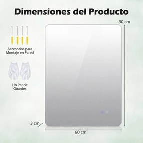 Espelho retangular de 80 x 60 cm com brilho ajustável, retroiluminado, tátil, inteligente, função de memória e design antiembaciamento Prateado