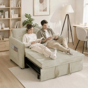 Sofá-cama de 2 lugares pequeno 125 (L) x 91 (P) x 94 (A) cm, sofá-cama 3 em 1 em chenille com encosto ajustável, assento largo, 2 almofadas, creme