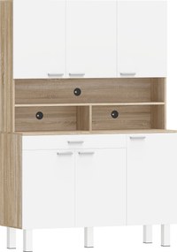 Armário de Cozinha Alto com 6 Portas e Grande Gaveta Prateleiras Bancada Ampla para Micro-ondas 120x40x175 cm Branco e Madeira