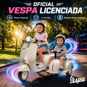 Mota Elétrica Infantil 6V VESPA com 2 Assentos Arranque Suave Luz Música USB e Arrumação Creme