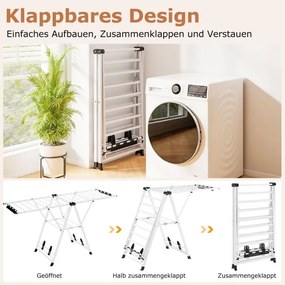 Estendal dobrável com braços ajustáveis 184 x 56 x 99–168 cm, pinças para meias e prateleira para sapatos, secador de roupa Branco