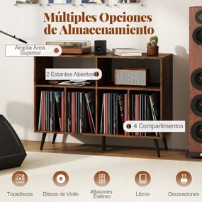 Suporte para gira-discos e discos vinil com 2 prateleiras abertas e 4 compartimentos para sala de estar ou quarto 100 x 40 x 74,5 cm Castanho e preto