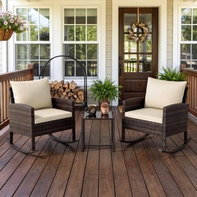 Conjunto de 2 Cadeirões de Baloiço e Mesa Auxiliar, 77 x 62 x 72 cm, Almofadas Bege com Capas Laváveis,