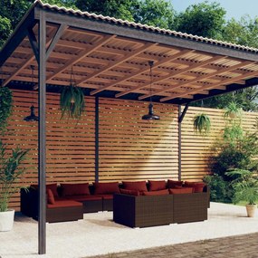 vidaXL 9 pcs conjunto lounge jardim c/ almofadões vime PE castanho