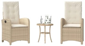 vidaXL 3 pcs conjunto bistrô com almofadões vime PE bege
