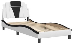 Estrutura cama c/ luzes LED 90x190 cm couro artif. branco/preto