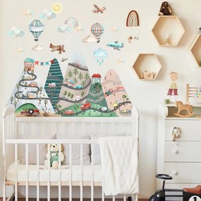 Stickers parede infantil - Colinas com carrinhos e balões
