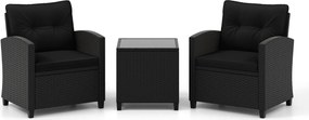 Conjunto de móveis de jardim de 3 peças de rattan com almofadas de assento e encosto e Mesa de centro de vidro temperado preto / preto