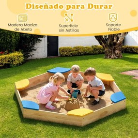 Caixa de areia hexagonal de madeira para crianças 140 x 122 x 14 cm combinada com vaso aberto e 6 assentos para pátio exterior para crianças com mais