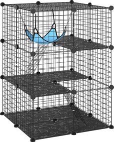 PawHut Gaiola Interior para Gatos de 3 Níveis em Aço com 3 Portas, 2 Escadas e Rede, 70x70x105 cm, Preto | Aosom Portugal