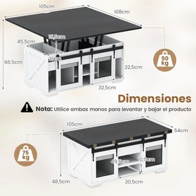 Mesa de centro 105 x 54 x 48,5 cm com tampo elevável estilo rústico, 2 portas deslizantes, 3 compartimentos ocultos, sala de estar, painel branco Pret