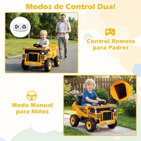 Camião basculante elétrico de 24 V para criançasde construção de 4 rodas com caçamba basculante Pá Controle remoto Música Amarelo