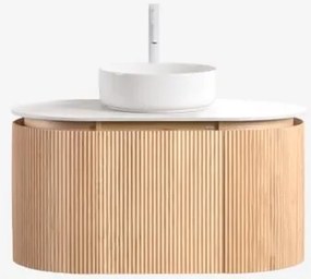 Conjunto De Móvel De Casa De Banho Suspenso 90x50 Cm Em Madeira Carsone Madeira Natural & Sem Unidade Auxiliar & Cerâmica Redonda Branca - Sklum