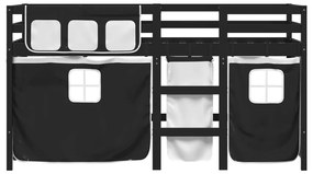 Cama alta criança c/ cortina 80x200cm pinho maciço branco/preto