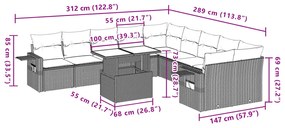 11 pcs conjunto sofás de jardim c/ almofadões vime PE bege