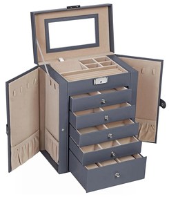 Caixa grande para joias SONGMICS, estojo para joias de 6 níveis com abas laterais, gavetas, espelho e fecho, para pulseiras, brincos, anéis, colares e relógios, ideia de presente, cinza JBC152G01